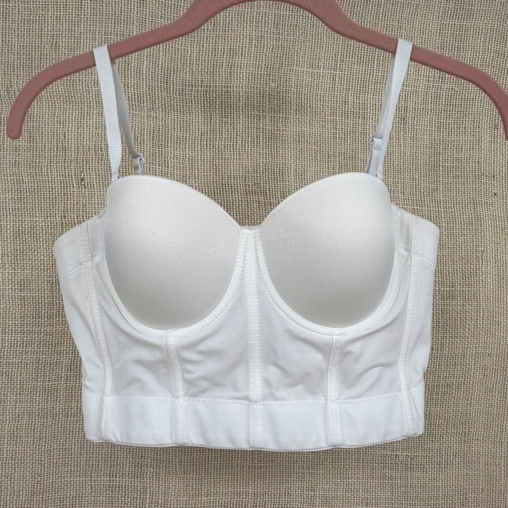 White Corset Bustier Long Line Bra, Crop Top Padded Underwire 38C Medium (Bride)
